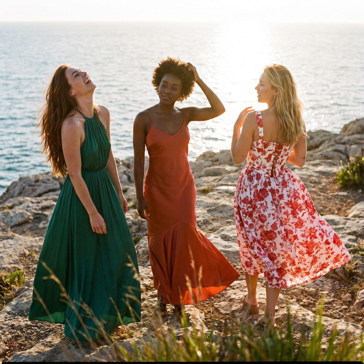 Three women in green, orange and floral maxi dresses on a coastal path at sunset