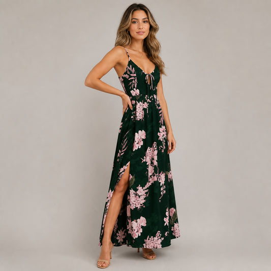 Marisa Floral Split Maxi in dark green floral, three-quarter view