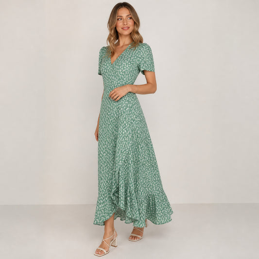 Bettina Floral Wrap Maxi in light green floral, three-quarter view