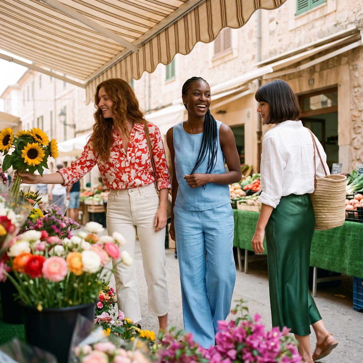 Three women in linen shirts, a co-ord and a satin skirt at a flower market