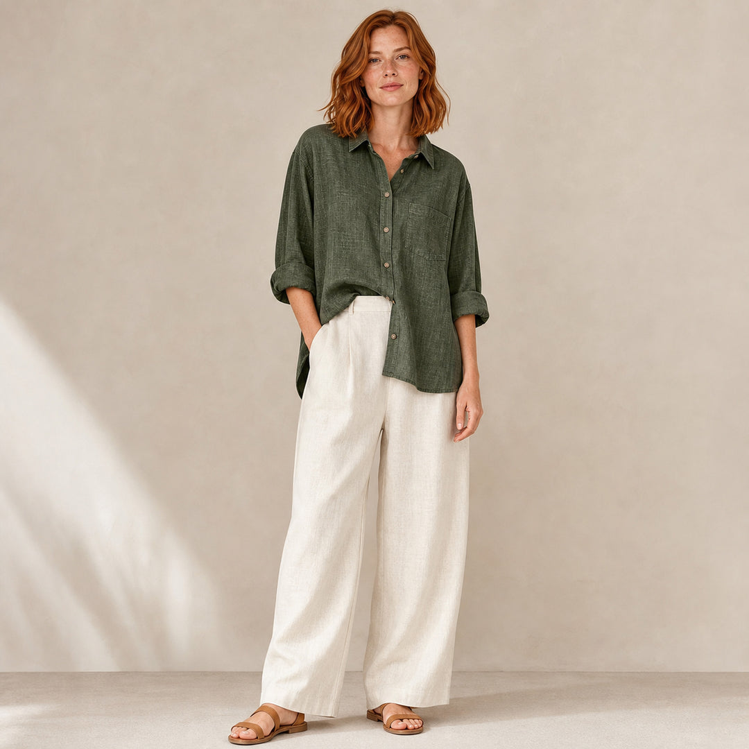 Isla Linen Shirt in army green, front view
