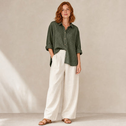 Isla Linen Shirt in army green, front view