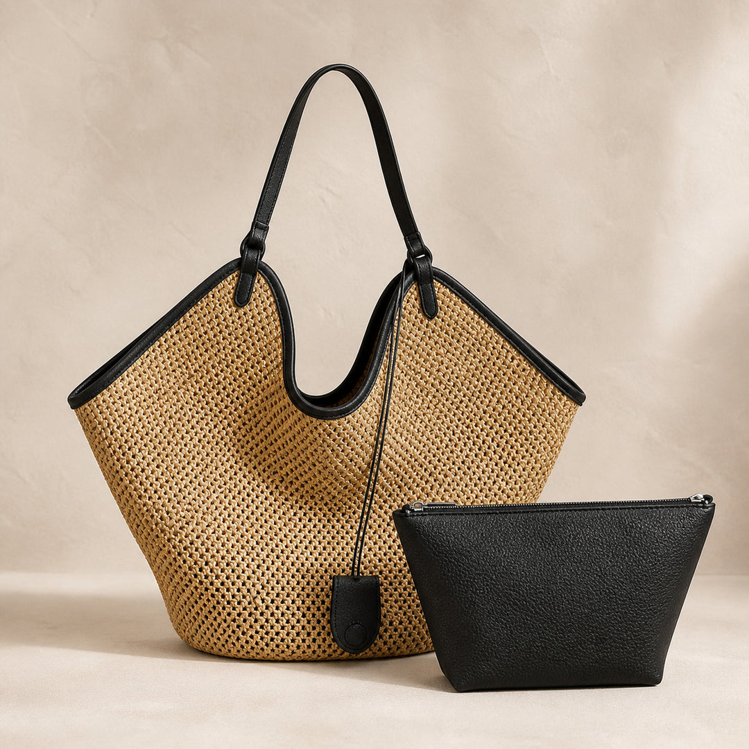 Odile Woven Tote in black with its matching zip pouch, front view