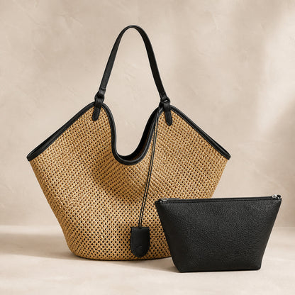 Odile Woven Tote in black with its matching zip pouch, front view