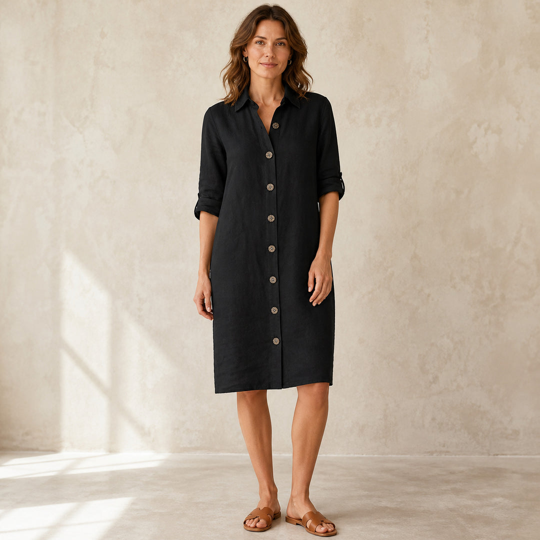 Harriet Linen Shirt Midi in black, front view