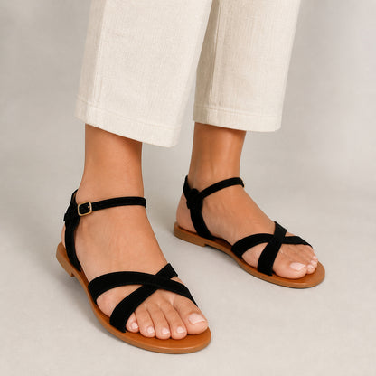 Cleo Cross-Strap Sandals in black, front view