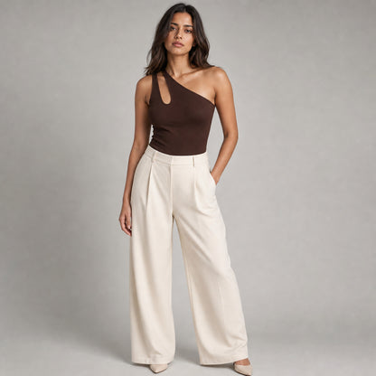Nova One-Shoulder Bodysuit in brown, front view