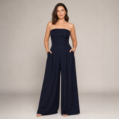 Sloane Strapless Jumpsuit in dark blue, front view