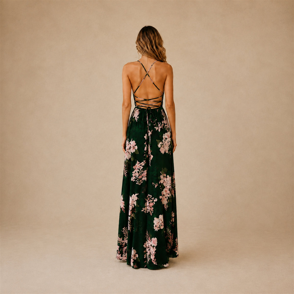 Marisa Floral Split Maxi in dark green floral, back view showing the lace-up open back