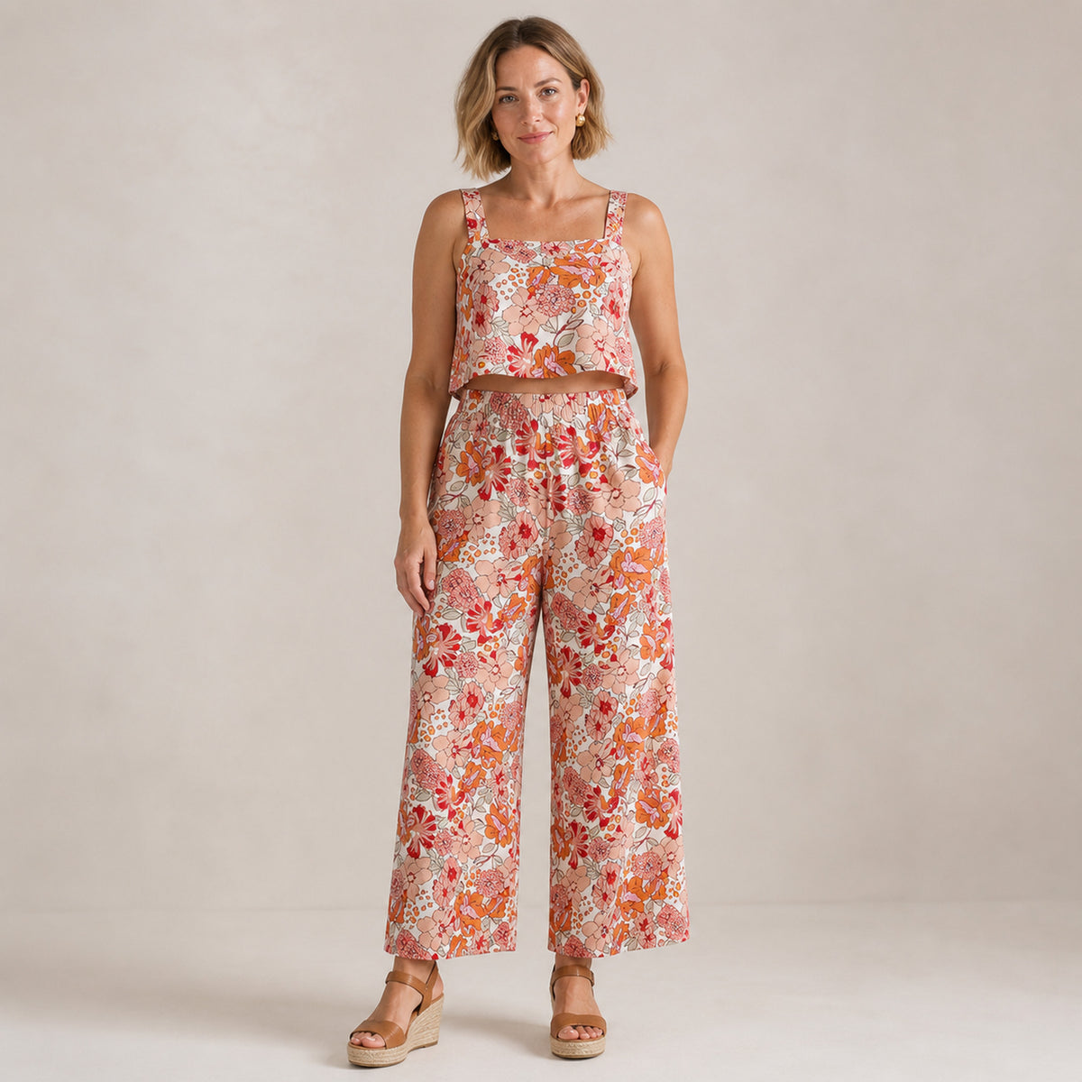 Freya Floral Co-ord, front view of the cami and trouser set