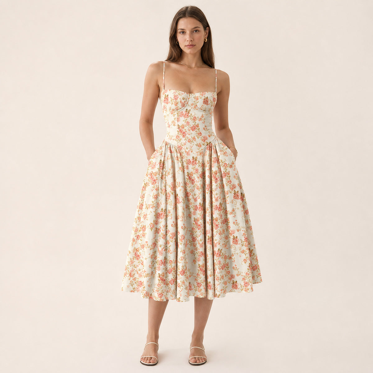 Colette Corset Midi in red floral, front view