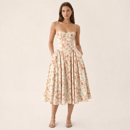 Colette Corset Midi in red floral, front view