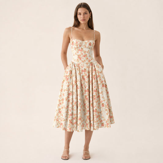 Colette Corset Midi in red floral, front view