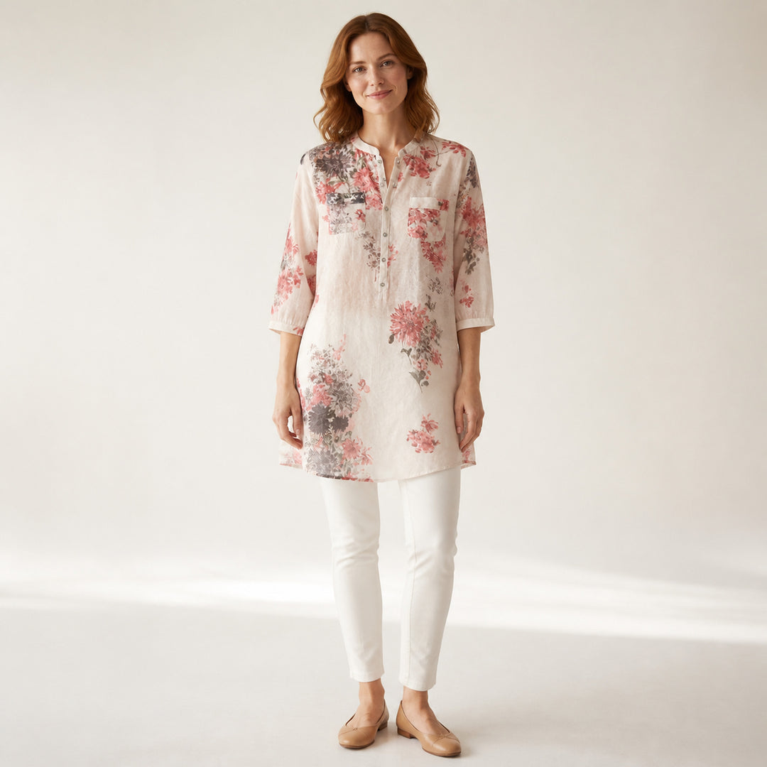 Marnie Floral Linen Shirt in red floral, front view