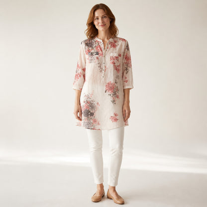 Marnie Floral Linen Shirt in red floral, front view