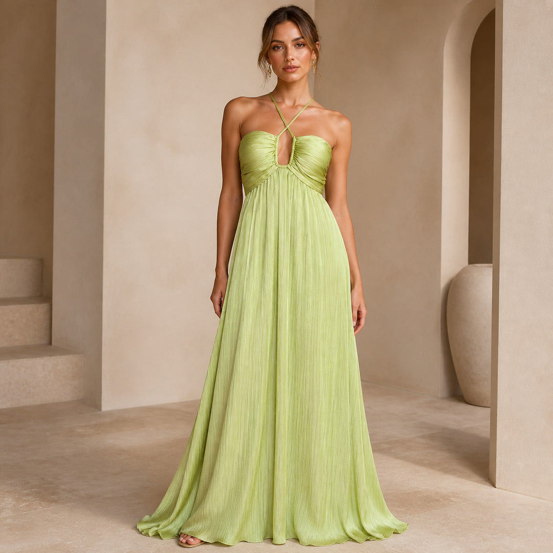 Halle Halter Maxi in green, front view