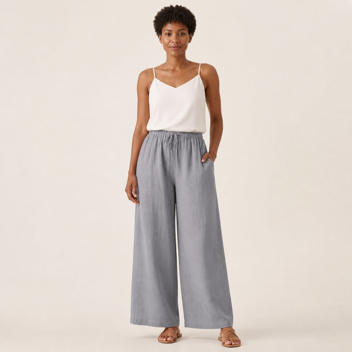 Remy Linen Wide-Leg Trousers in grey, front view