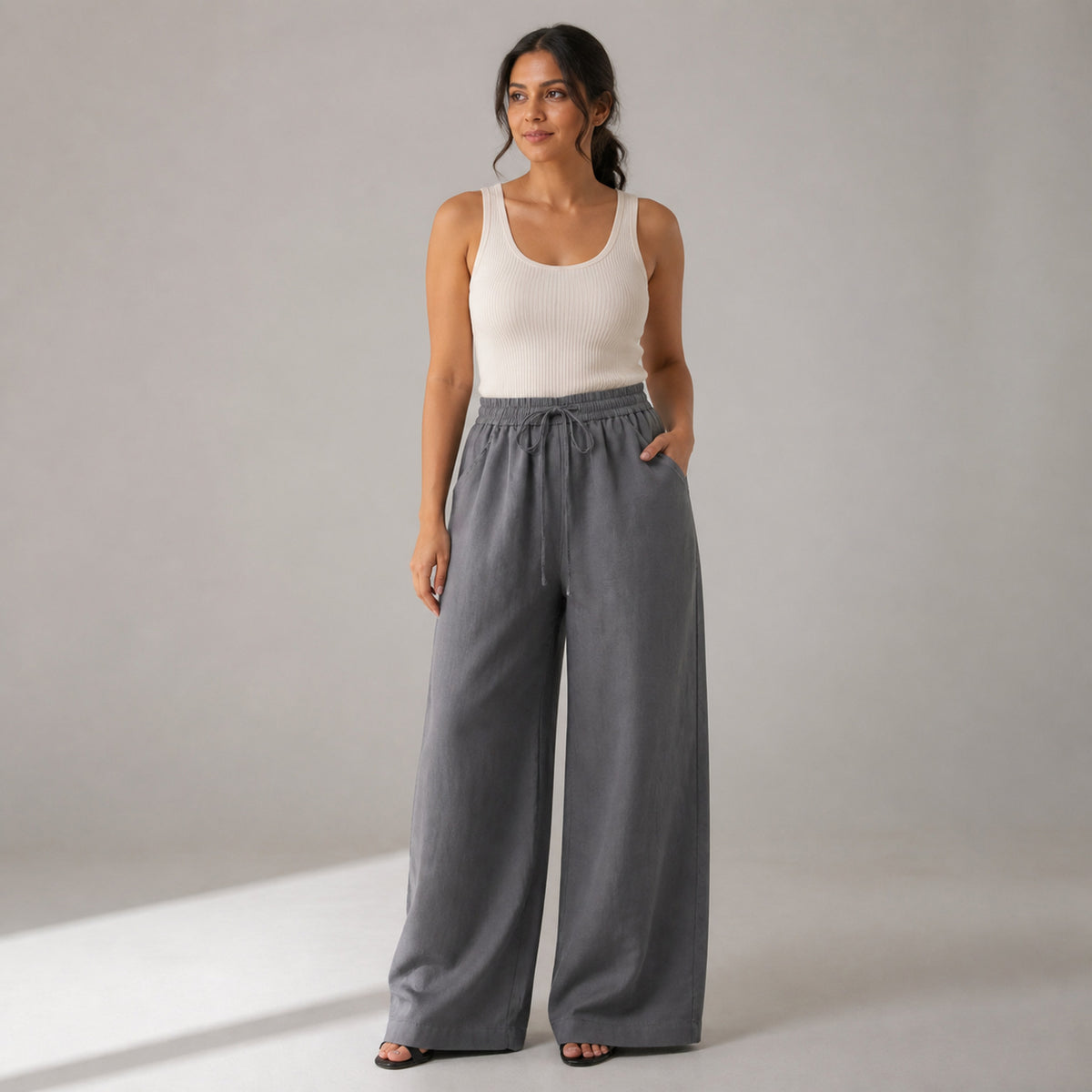 Billie Linen Trousers in grey, front view