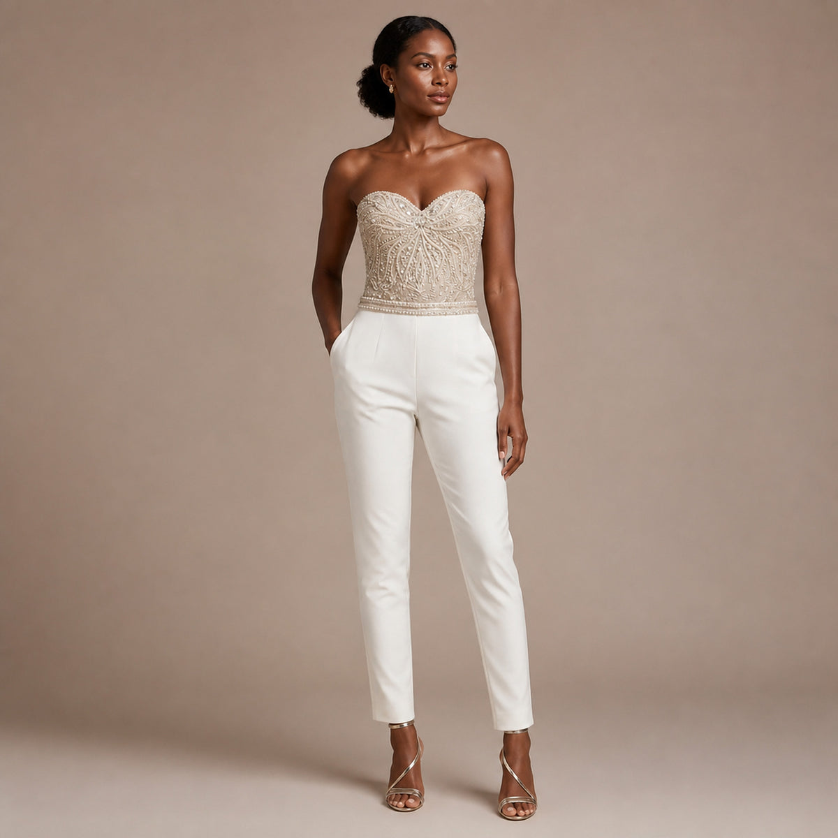 Solene Sequin Jumpsuit in ivory, front view