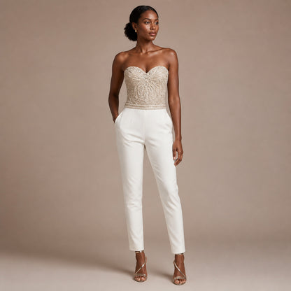 Solene Sequin Jumpsuit in ivory, front view