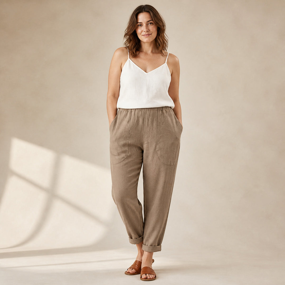 Sadie Linen Trousers in khaki, front view