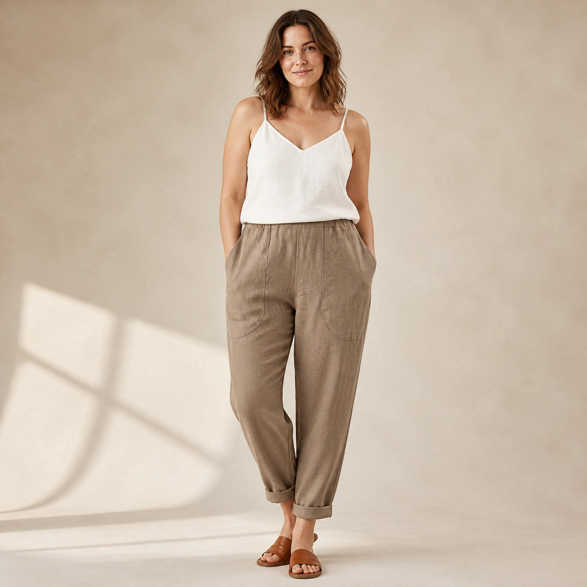 Sadie Linen Trousers in khaki, front view