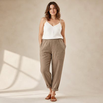 Sadie Linen Trousers in khaki, front view