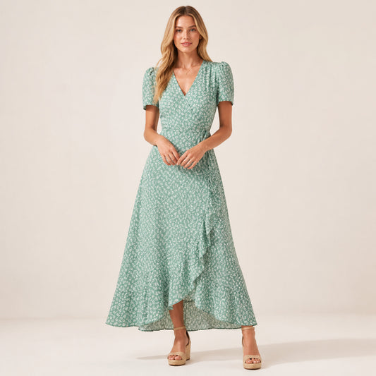 Bettina Floral Wrap Maxi in light green floral, front view