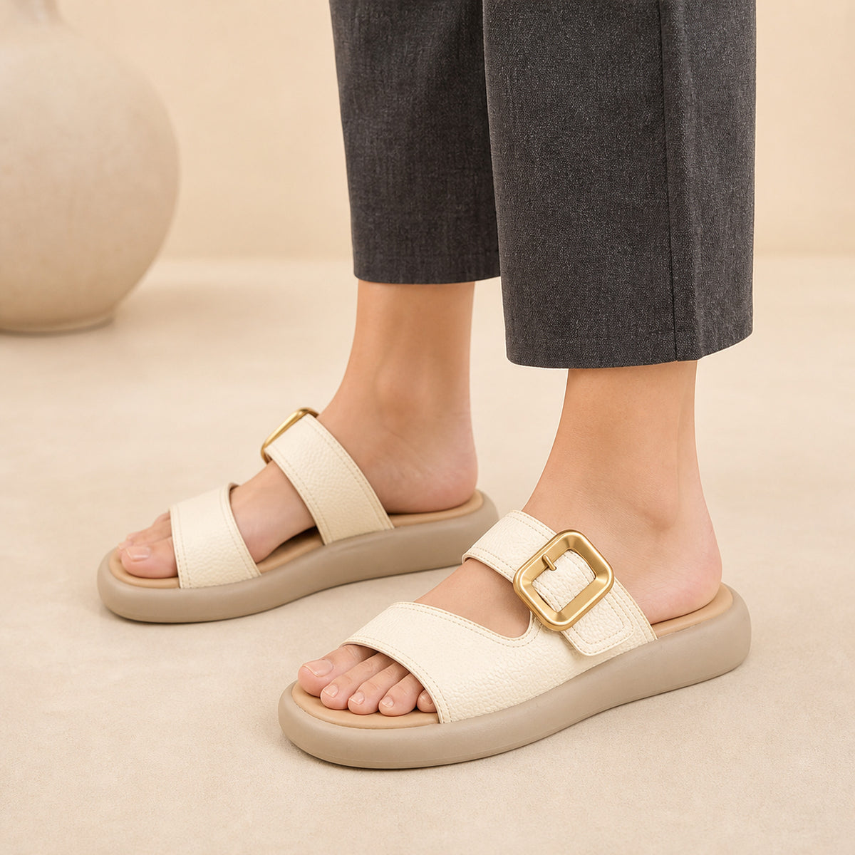 Lila Buckle Slides in off white, front view