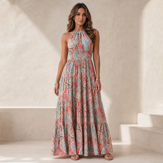 Rosalind Paisley Tiered Maxi in paisley print, front view