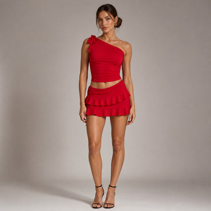 Cleo Tiered Co-ord in red, front view of the crop top and mini skirt