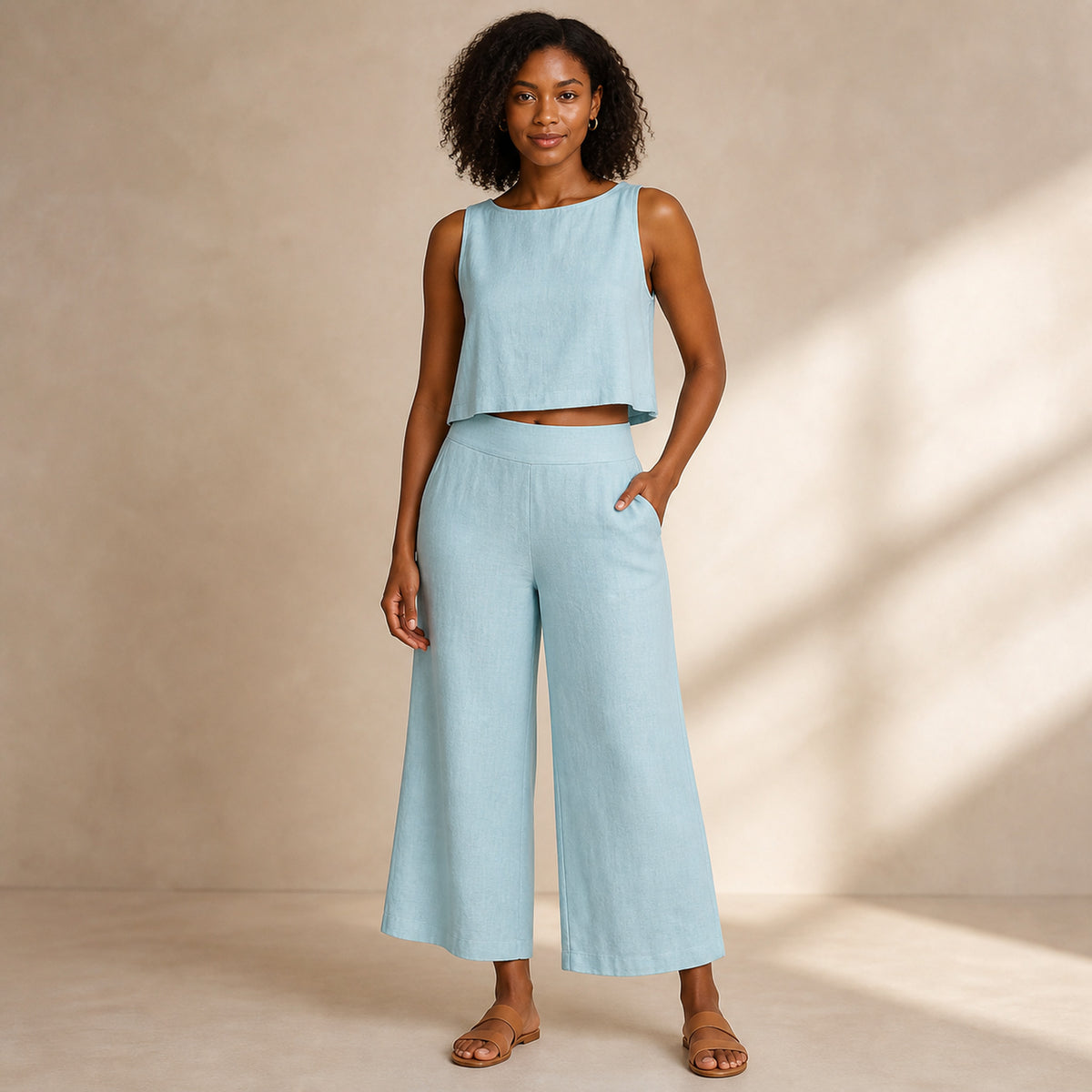 Margot Linen Two-Piece in sky blue, front view
