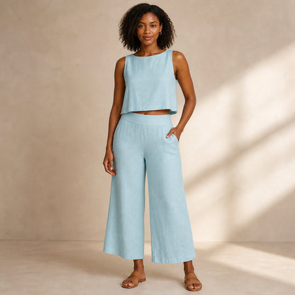 Margot Linen Two-Piece in sky blue, front view
