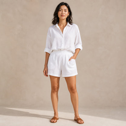 Priya Linen Co-ord in white, front view of the shirt and shorts set