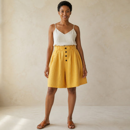 Wren Wide-Leg Shorts in yellow, front view