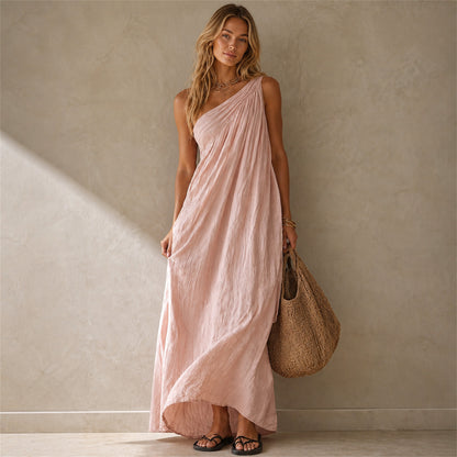 Fleur One-Shoulder Linen Maxi in pink, front view