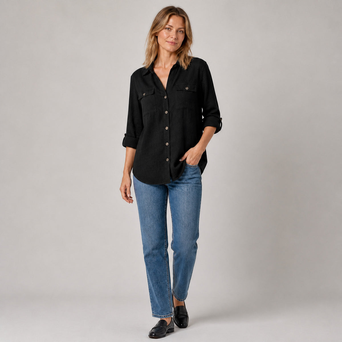 Elle Button Shirt in black, three-quarter view