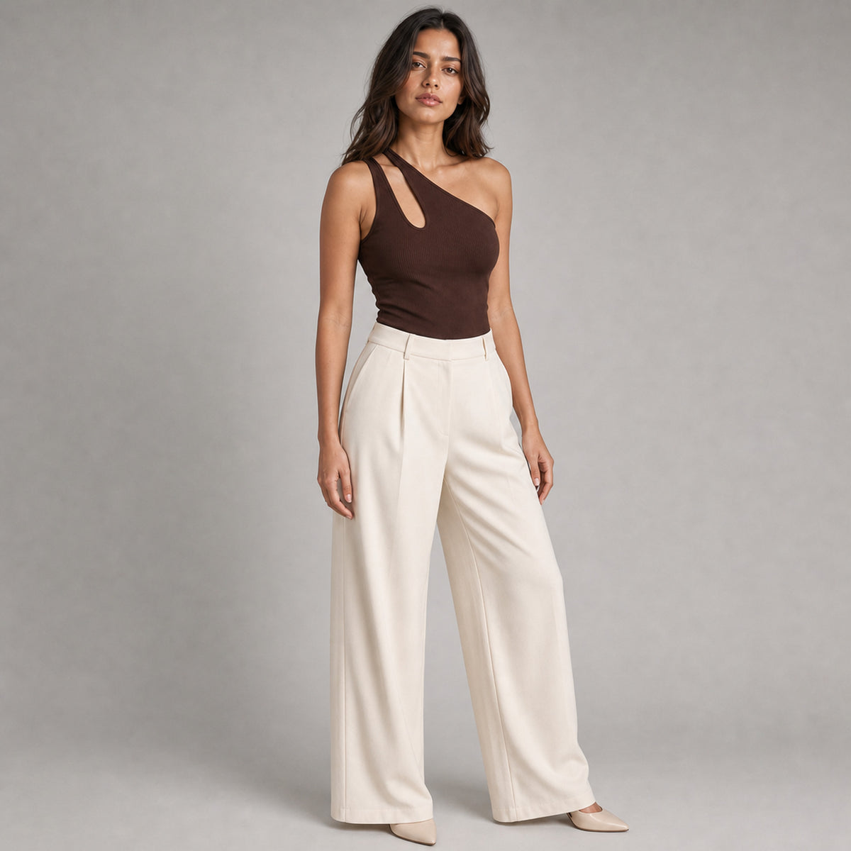Nova One-Shoulder Bodysuit in brown, three-quarter view