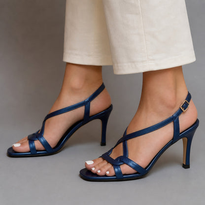 Aurelia Heels in dark blue, side profile showing the heel height