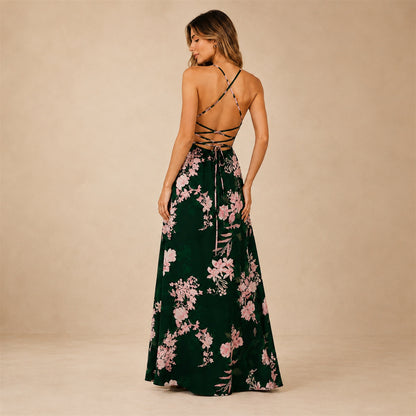 Marisa Floral Split Maxi in dark green floral, back view from an angle