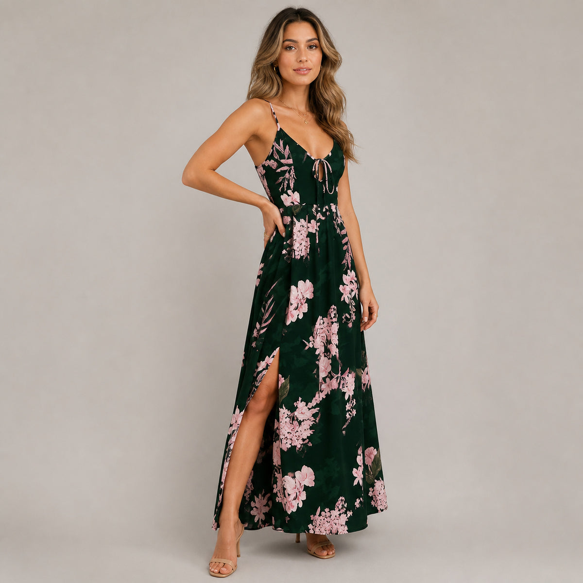 Marisa Floral Split Maxi in dark green floral, three-quarter view