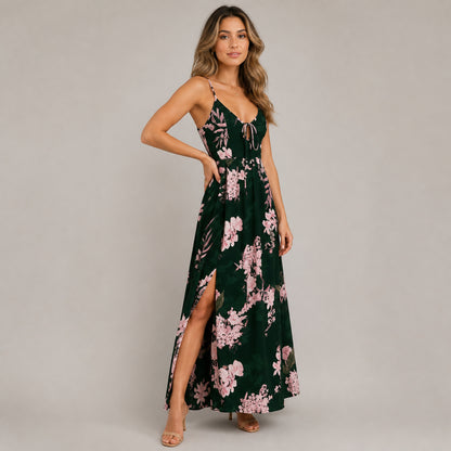 Marisa Floral Split Maxi in dark green floral, three-quarter view