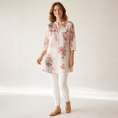 Marnie Floral Linen Shirt in red floral, three-quarter view in movement
