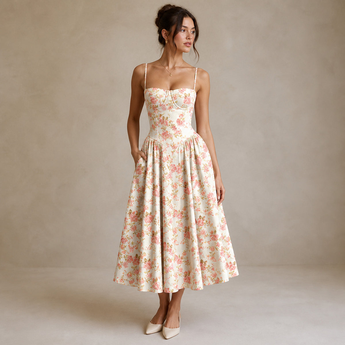 Colette Corset Midi in red floral, three-quarter view