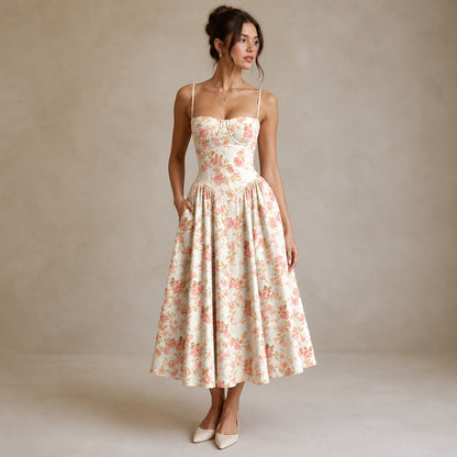 Colette Corset Midi in red floral, three-quarter view