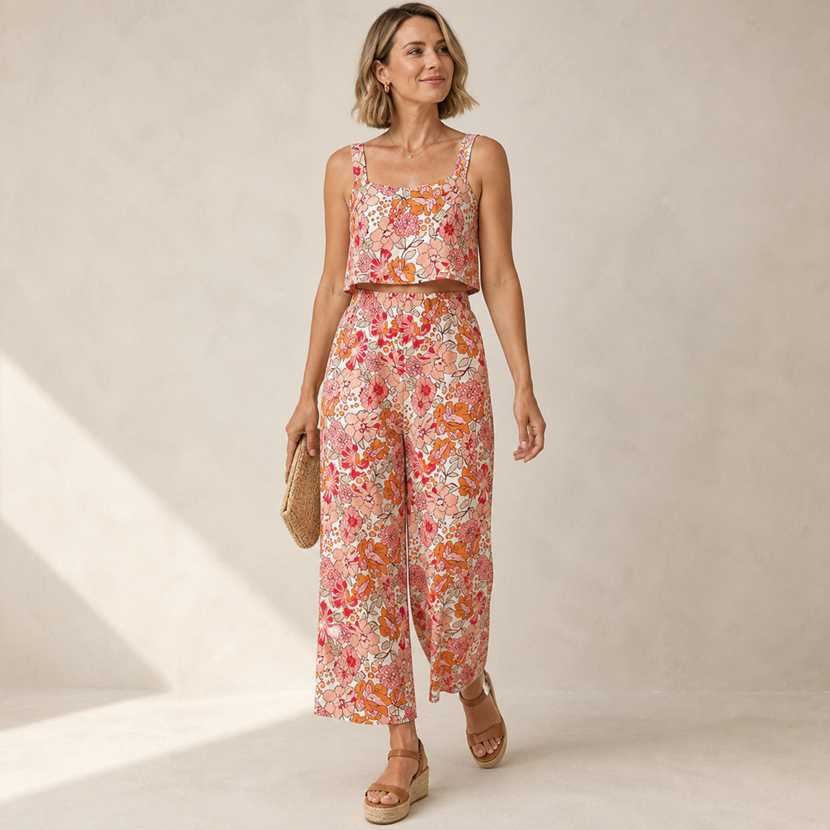 Freya Floral Co-ord styled on a model, three-quarter view