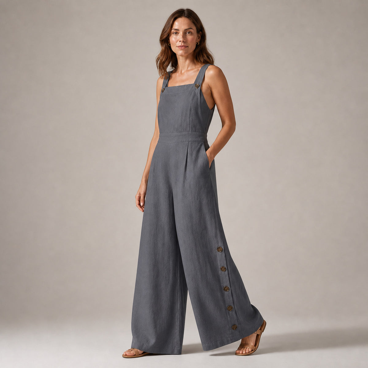 Frankie Wide-Leg Jumpsuit in grey, three-quarter view