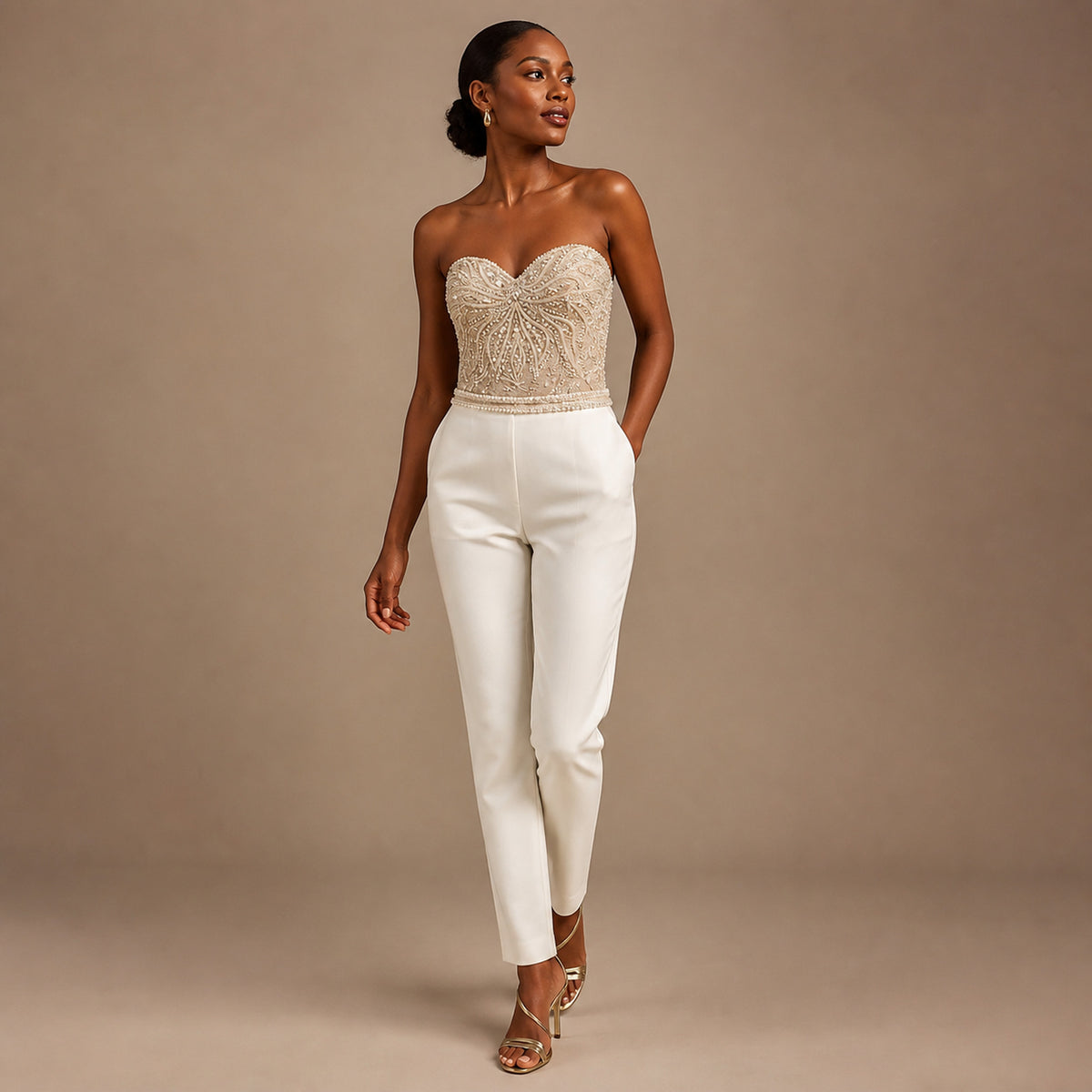Solene Sequin Jumpsuit in ivory, three-quarter view