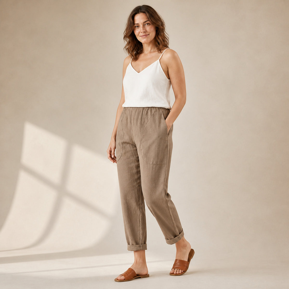 Sadie Linen Trousers in khaki, three-quarter view