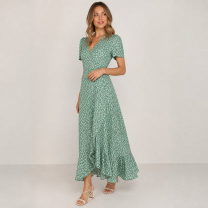 Bettina Floral Wrap Maxi in light green floral, three-quarter view